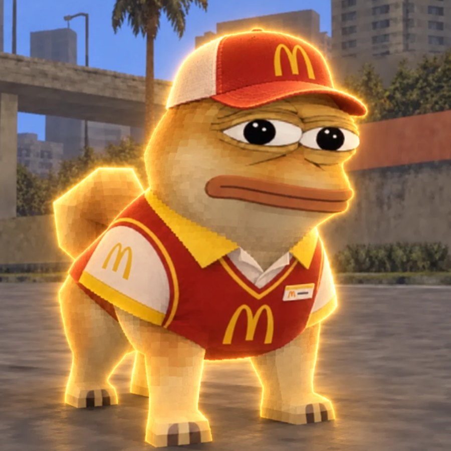 A small golden dog with a sad frog face, wearing a red work cap and uniform, glowing at the edges